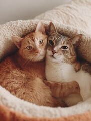 Cozy Pet Companionship Two Snuggled Tabby Cats in Soft Orange Bed Highlighting Warmth and Affection for Animal Marketing and Wellness Trends