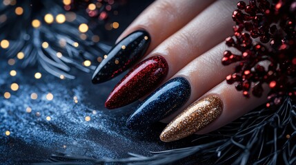 A woman's hand with long, black, red, and gold nails adorned with glitter and adorned with festive Christmas decorations.