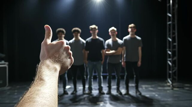 A hand giving a thumbs up in front of a supportive group on stage.