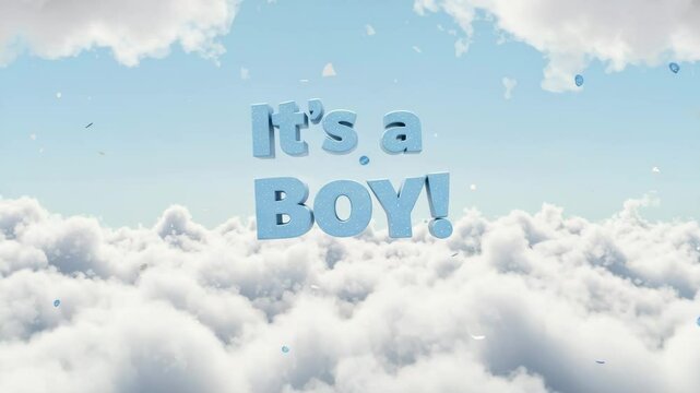 3D text reading "It's a Boy!" above fluffy clouds in blue sky  