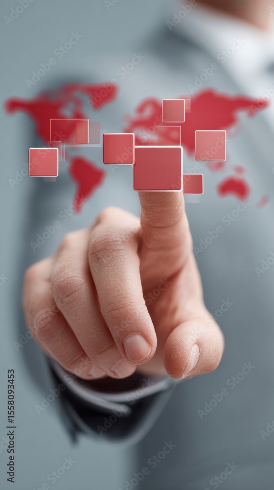 Poster Businessman Interacting with Floating Digital Banking Interface and Secure Transactions with World Map Background for Fintech Solutions