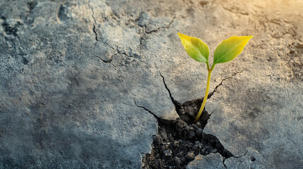 A small green plant is growing in the middle of a rocky, cracked ground. The plant is surrounded by a barren landscape, with no other vegetation in sight. Concept of resilience and hope