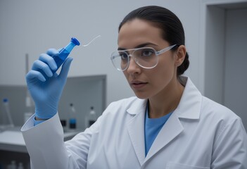 Fototapeta premium Female scientist in lab coat examines blue liquid sample in a vial Laboratory