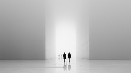 Two silhouetted figures in business attire walk through a vast, minimalistic monochromatic corridor toward a bright opening, evoking themes of journey and abstraction.