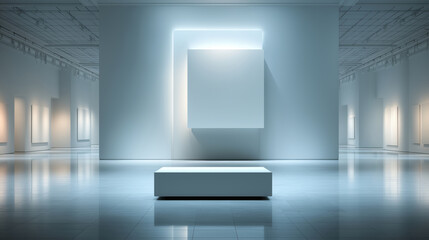 An ultra-minimalist modern art gallery interior featuring a glowing square installation on a pristine wall, with a reflective floor and bench in a serene, futuristic space.