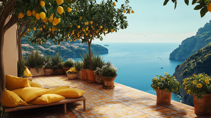A beautiful view of the ocean with a yellow patio set. The patio is filled with potted plants and a few chairs