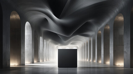 Sleek minimalistic concrete hall with fluid, wave-like ceiling forms and a solitary matte black cube centerpiece, softly lit through rhythmic arched columns, evoking modern architectural abstraction.