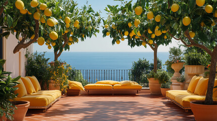 A beautiful view of the ocean with a yellow patio set. The patio is filled with potted plants and a few chairs