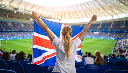 Blonde Female Football Fan Cheers with Union Jack Flag