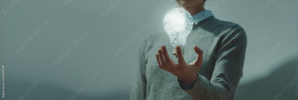 Aufkleber innovative digital businessman holding holographic light bulb above palm with circuit network for sm