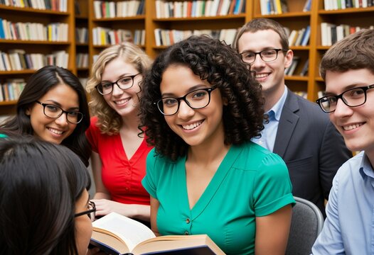Diverse group of young adults studying together in a library reading books