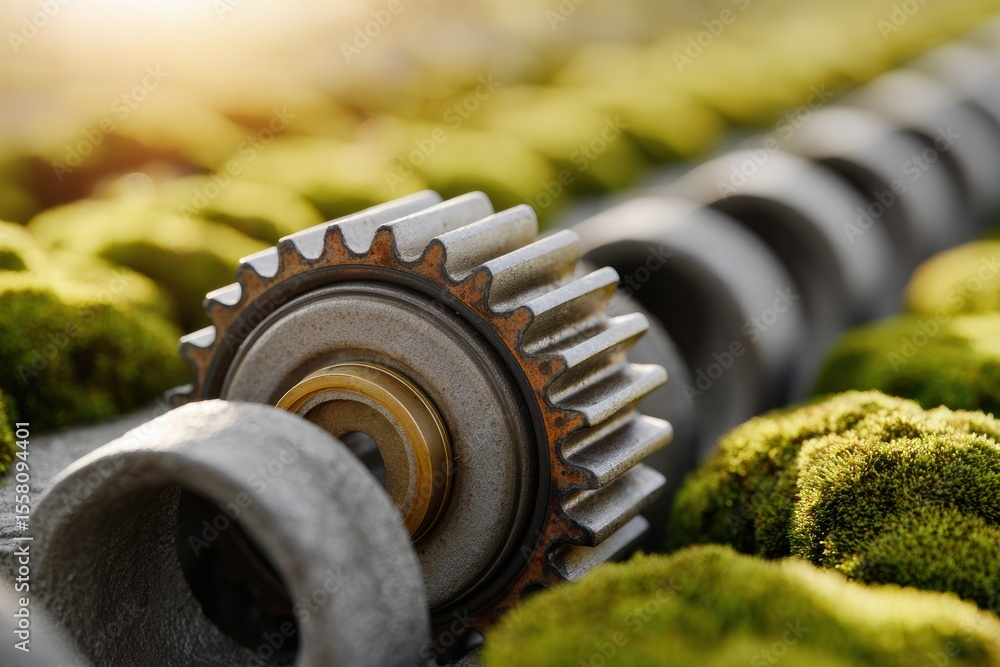 Poster close-up of diesel engine timing belt and gears surrounded by moss symbolizing sustainable engineeri