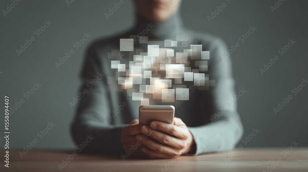 Poster Businessman using smartphone with digital data icons floating above, multitasking in tech-driven workspace for SEO and online marketing analysis