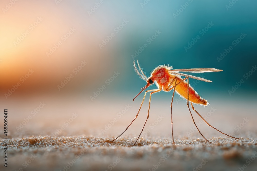 Poster Close-up of mosquito on textured surface with soft bokeh background, ideal for public health awareness and control campaigns