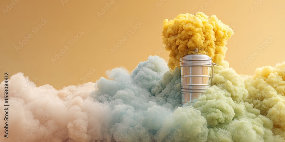 Poster advanced cryogenic vaporizer releasing thick mist with metallic chamber in foggy environment for sci