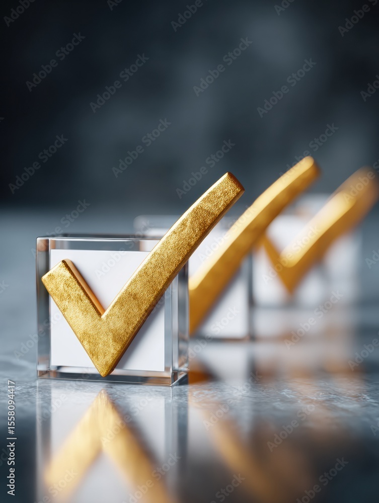 Aufkleber Golden Completion Mark Checklist with Transparent Cubes on Marble Surface Symbolizing Business Success and Efficient Workflow in Modern Commercial Context