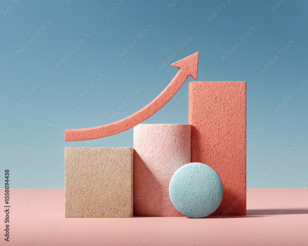 Poster modern financial graph with textured geometric shapes and upward arrow symbolizing growth and positi