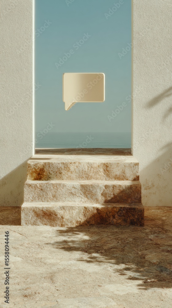 Poster Minimalist Chat Message Icon Floating in Sunlit Stone Archway Overlooking Sea - Modern Digital Communication and Calm Interaction Concept