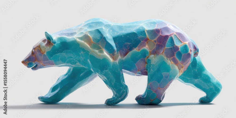 Poster Futuristic Digital Bear Sculpture with Fragmented Angular Design Symbolizing Market Instability and Financial Uncertainty in Modern Investment Context