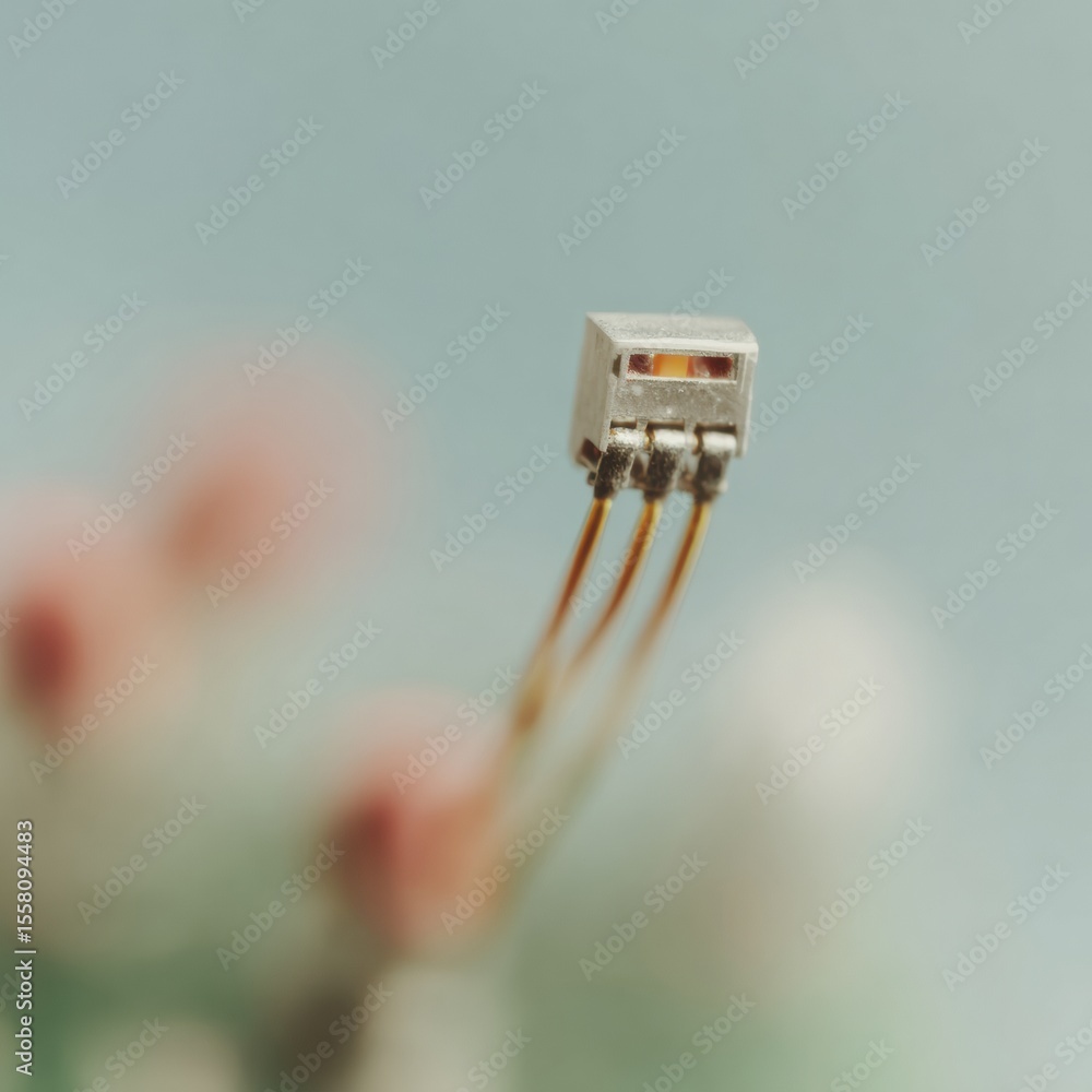 Poster Macro Closeup of Single Electronic LED Component with Blinking Light and Metallic Wires Symbolizing Precision in Tech Innovation Manufacturing