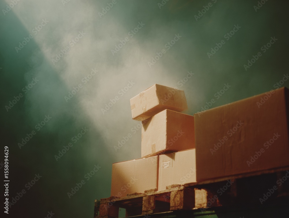 Aufkleber automated robotic arm stacking cardboard boxes on wooden pallet in warehouse highlighting supply cha