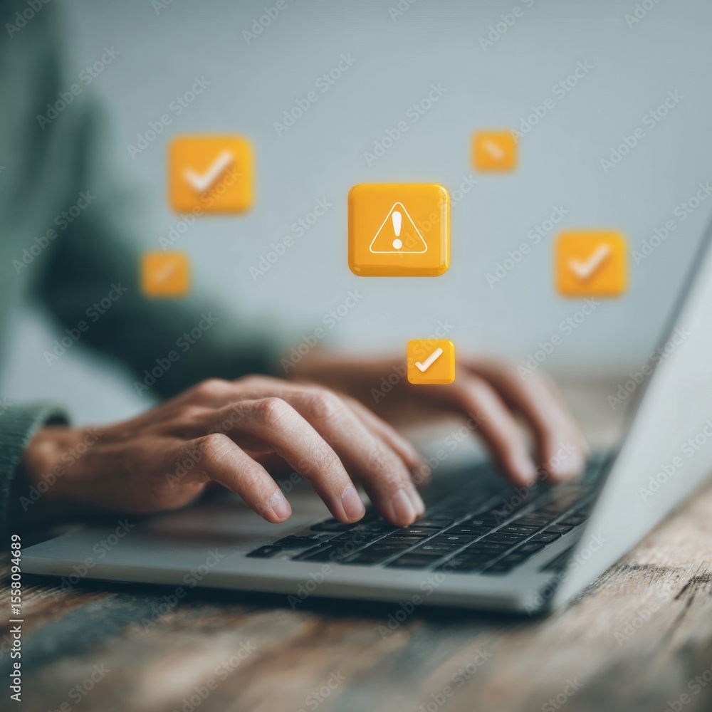 Poster System Engineer Typing on Laptop with Virtual Warning and Checkmark Icons for Digital Error Correction and Proactive Tech Workflow Efficiency