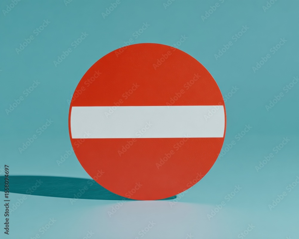 Poster minimalist no entry sign with reflective finish on plain blue surface showing restriction and safety