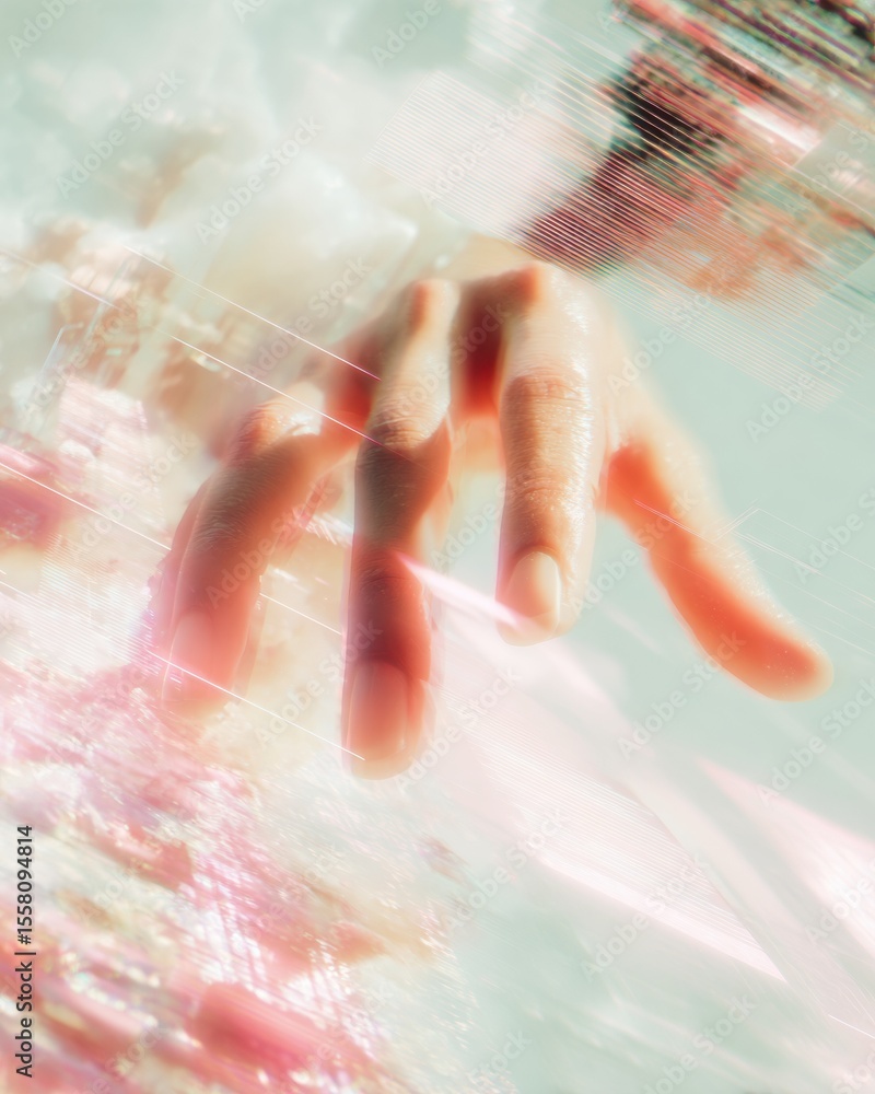 Poster Futuristic human hand reaching illuminated P2P digital interface with transparent elements symbolizing advanced technology and peer connectivity in business innovation