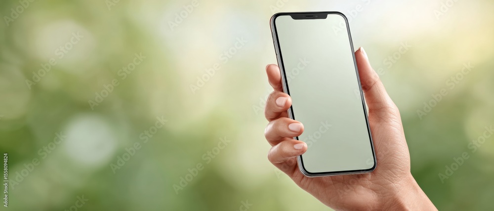 Poster modern smartphone with blank screen held by hand featuring fintech peer-to-peer transfer notificatio