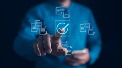 Compliance Document Approval Concept. Hand points to checkmark icon digital document indicating successful verification, task completion, quality control, efficient process management for business.