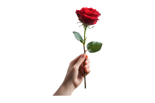 Right hand holding red rose isolated on transparent background