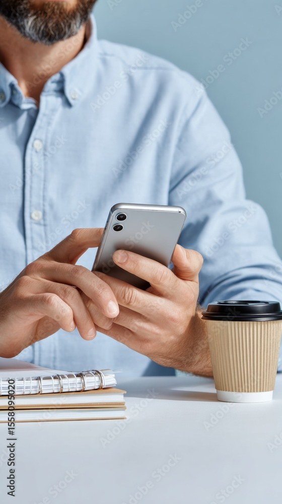 Poster Modern man texting on smartphone at desk with coffee and notebook in focused office setting, showcasing digital communication and instant mobile updates