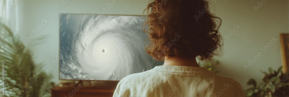 Poster modern severe weather monitoring meteorologist analyzing powerful hurricane radar screen for emergen