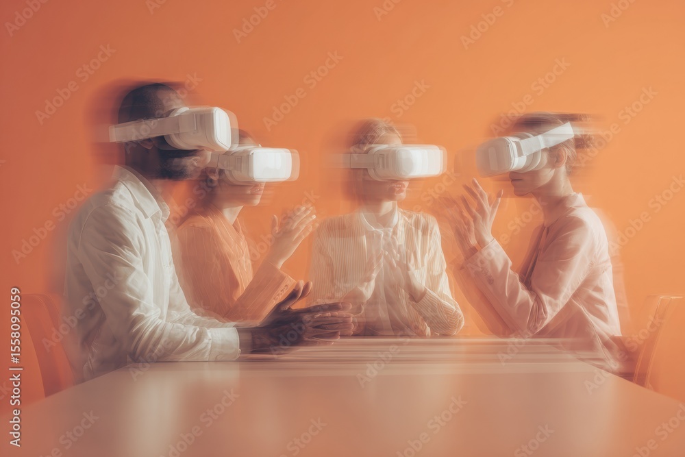 Poster Diverse Business Team Using Virtual Reality Headsets for Immersive Collaboration in Modern Office - Innovative Tech and Future Workforce Interaction