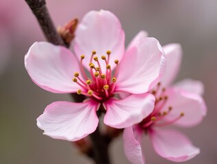 A close-up photograph of a blooming cherry blossom, with pink petals and a fuzzy stamen