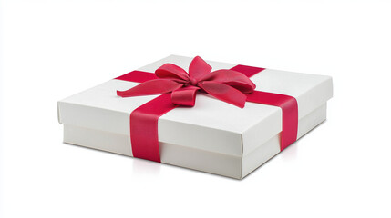 Fototapeta premium A gift box adorned with a red ribbon, set against a pure white background.