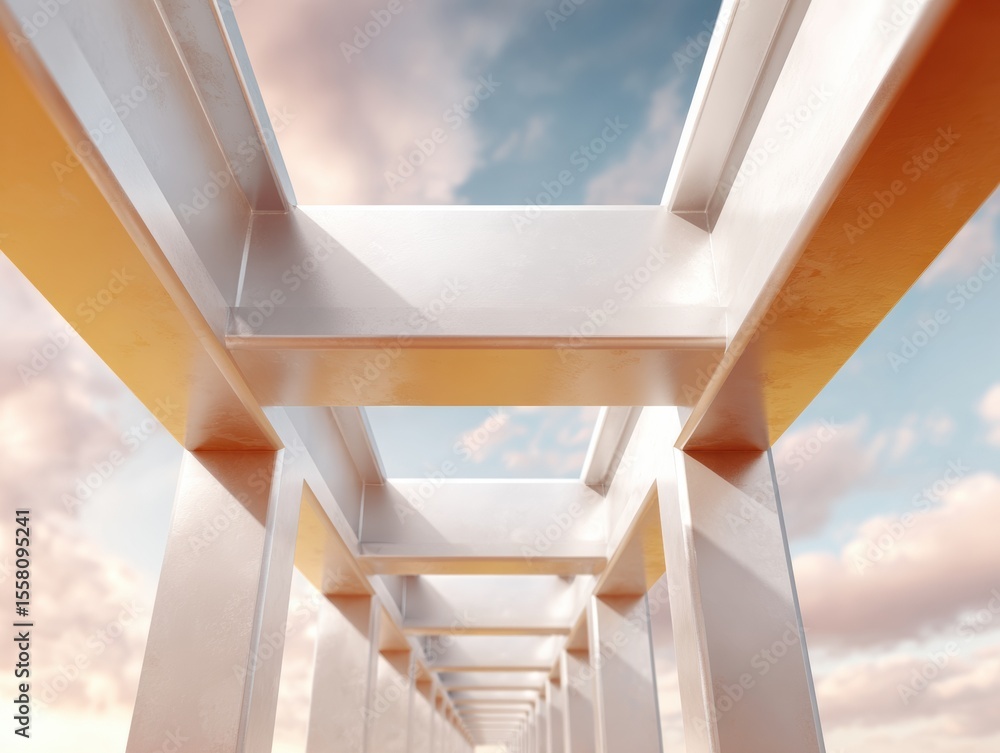 Aufkleber modern structural steel framework highlighting geometric design at construction site with clear sky 