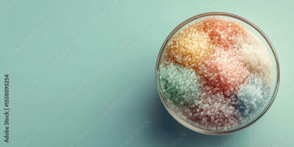 Poster top view of glass bowl with colorful silica gel beads on smooth surface for packaging and lab innova