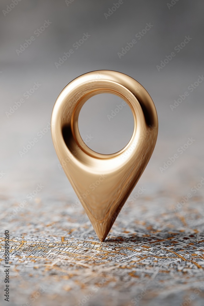 Poster Glossy gold location pin on detailed digital city map with glowing data points, symbolizing precise navigation and connectivity for tech marketing and smart discovery