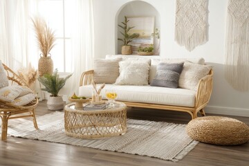 A living room with a rattan sofa, chair, table, rug, pillows, and decorations in a bright, airy space