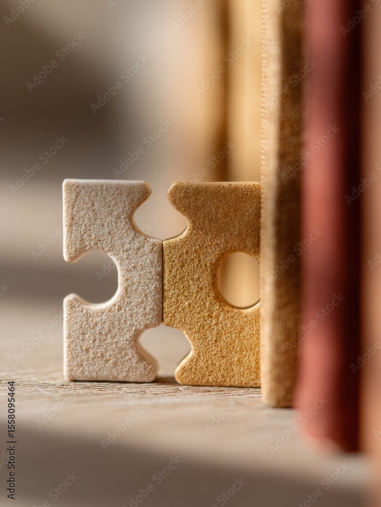 Poster minimalist wooden puzzle pieces representing workforce redundancy and team changes on natural table 