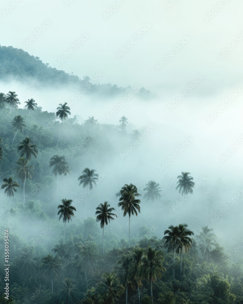 Aufkleber misty tropical rainforest landscape with tall palm trees and lush vegetation representing sustainabl