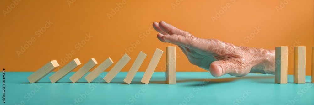 Poster modern business risk mitigation concept with hand stopping falling wooden dominoes on turquoise tabl