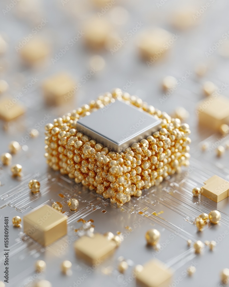 Poster Quantum Hardware Innovation with Gold and Silver Processor Chip in Geometric Assembly for Advanced Computing and High-Performance Technology Marketing