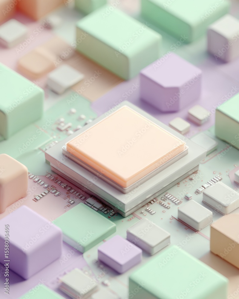 Poster Pastel-tone Quantum AI Chip on Detailed Circuit Board Highlighting Microarchitecture for Futuristic Tech Innovation and Precision Engineering