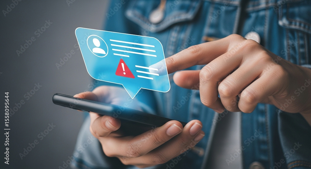 Poster Person using smartphone with alert notification bubble in front of denim jacket background