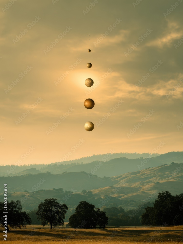 Poster dramatic planet alignment over serene evening landscape with silhouetted trees and hills stargazing 