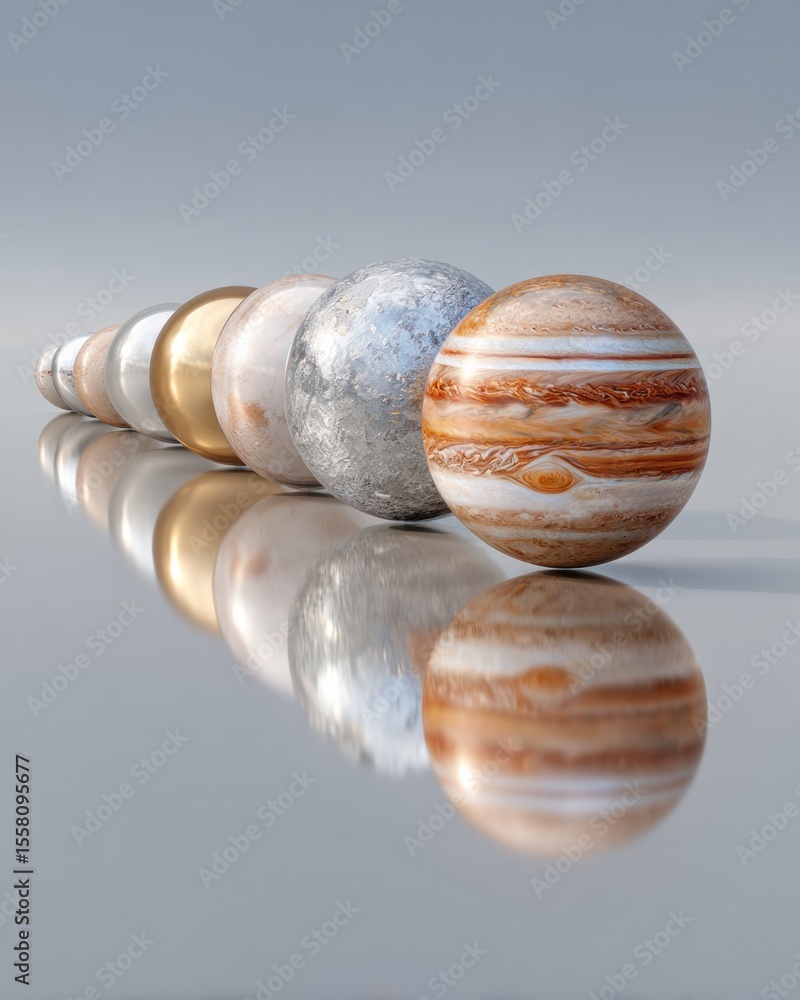 Aufkleber Modern Planet Alignment in Reflective Surface with Unique Textures for Business Presentations Symbolizing Teamwork Coordination and Unified Focus