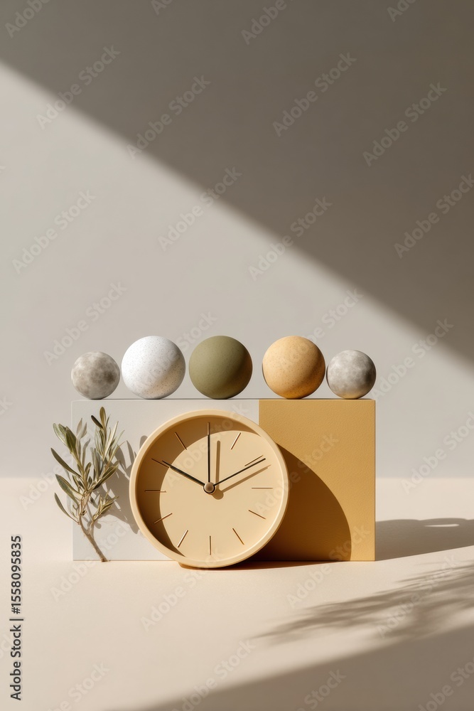 Poster minimalist lunar calendar with moon phases and earthy clock shapes in natural light for modern welln