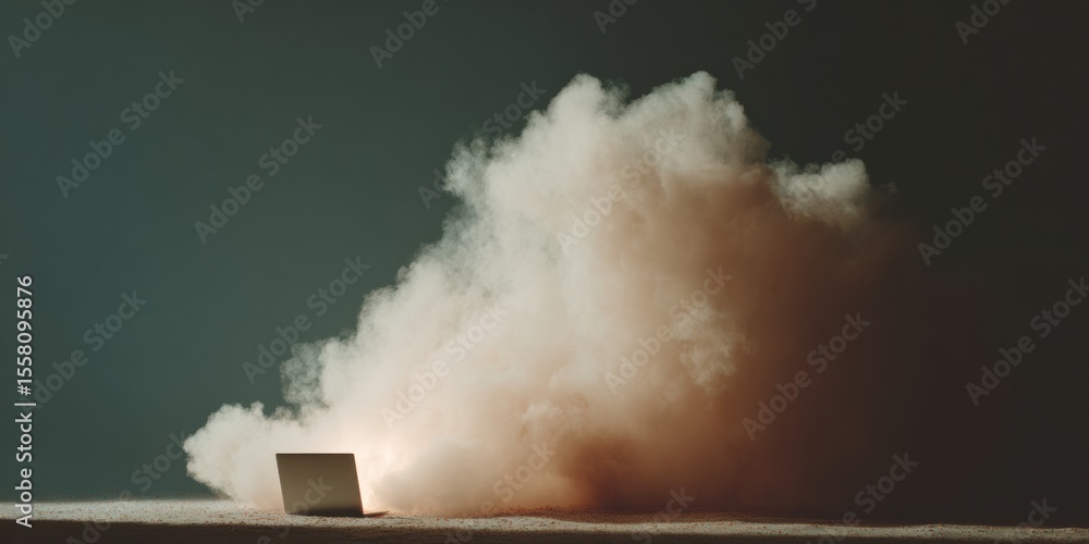 Aufkleber futuristic laptop rocket launch with intense smoke and cloud effects symbolizing digital innovation 